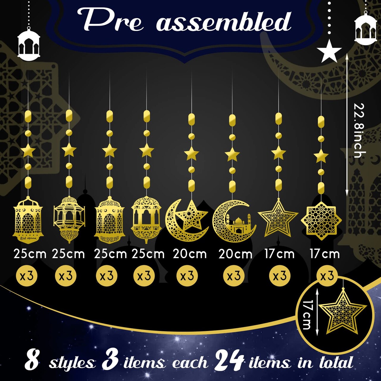 24 Pieces Islamic Star Moon Lantern Ramadan Garland Eid Decoration Streamer Ramadan Mubarak Party Banner Backdrop Shining Hanging Wall Decorations for Home Wedding Decor Islam Party(Gold)